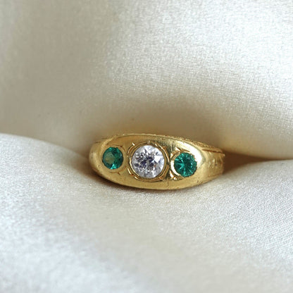 Antique Engraved 18K Diamond Emerald 3 Stone Ring