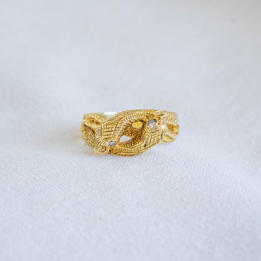 Golden Serpent Ring with Diamond Eyes in 18k Gold