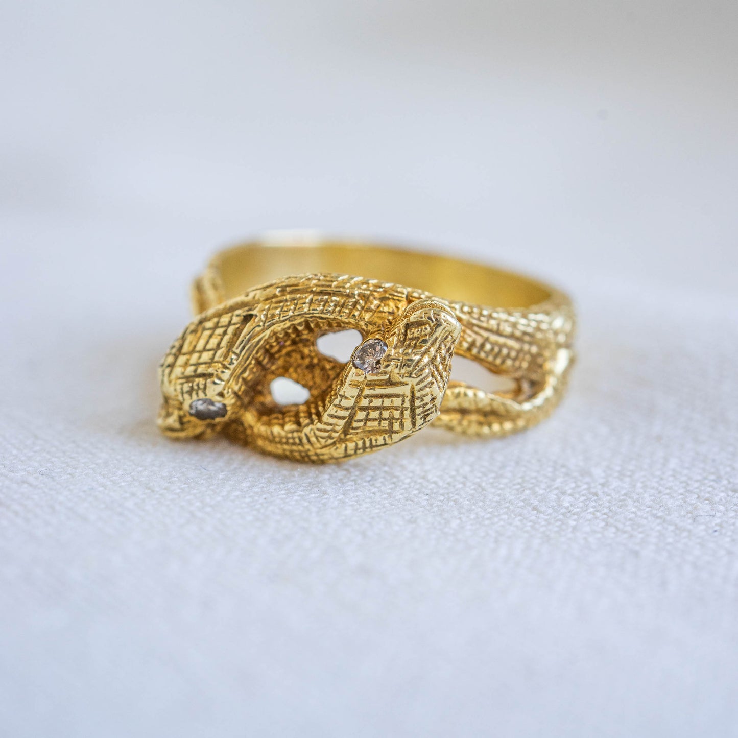 Golden Serpent Ring with Diamond Eyes in 18k Gold