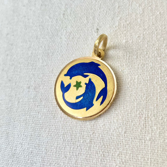 18K Italian Enamel Pisces Pendant with Dolphins and Star