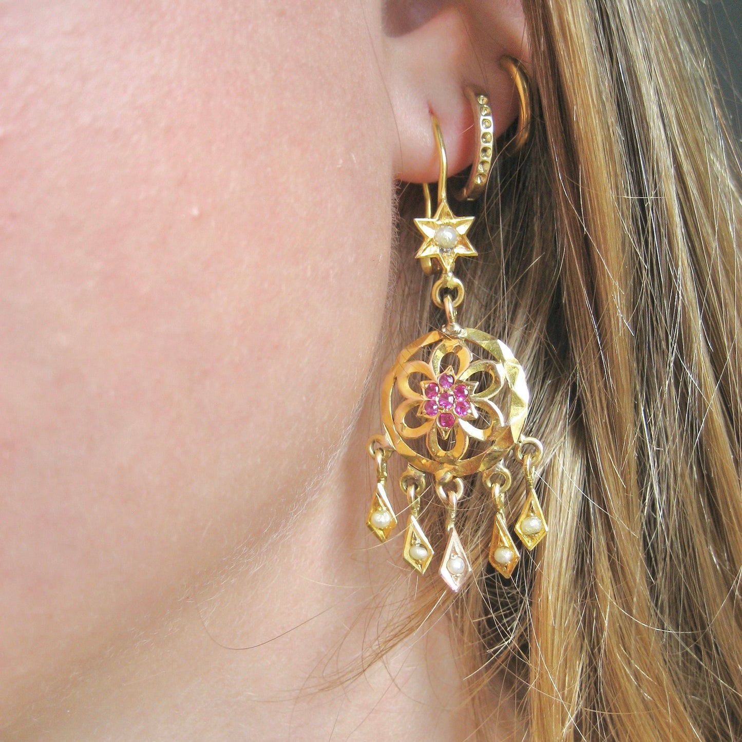 14K Yellow Gold Spinel Dangle Pierced Earrings