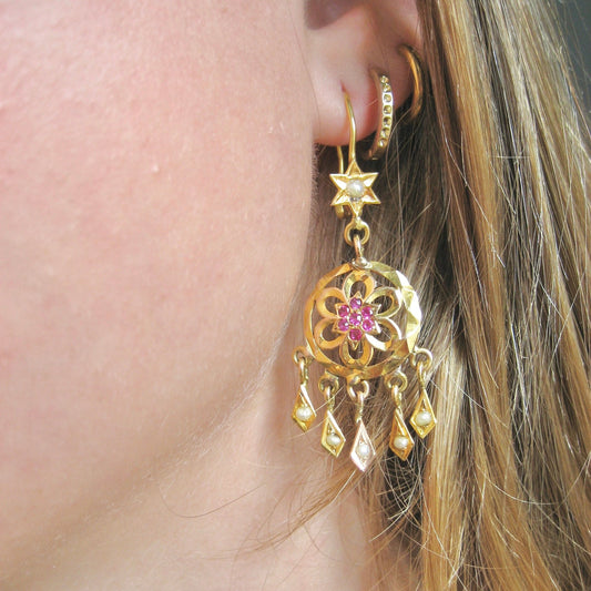 14K Gold Pink Spinel & Pearl Bohemian Dangle Earrings