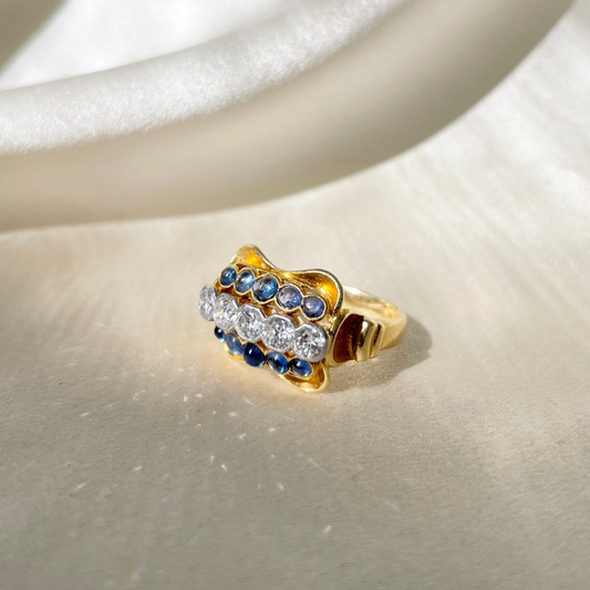 Exquisite Hand-Fabricated 1930s Sapphire and Diamond Milgrain Ring