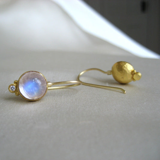 Magical Moonstone Orb Diamond Earrings with French Wire in 24K