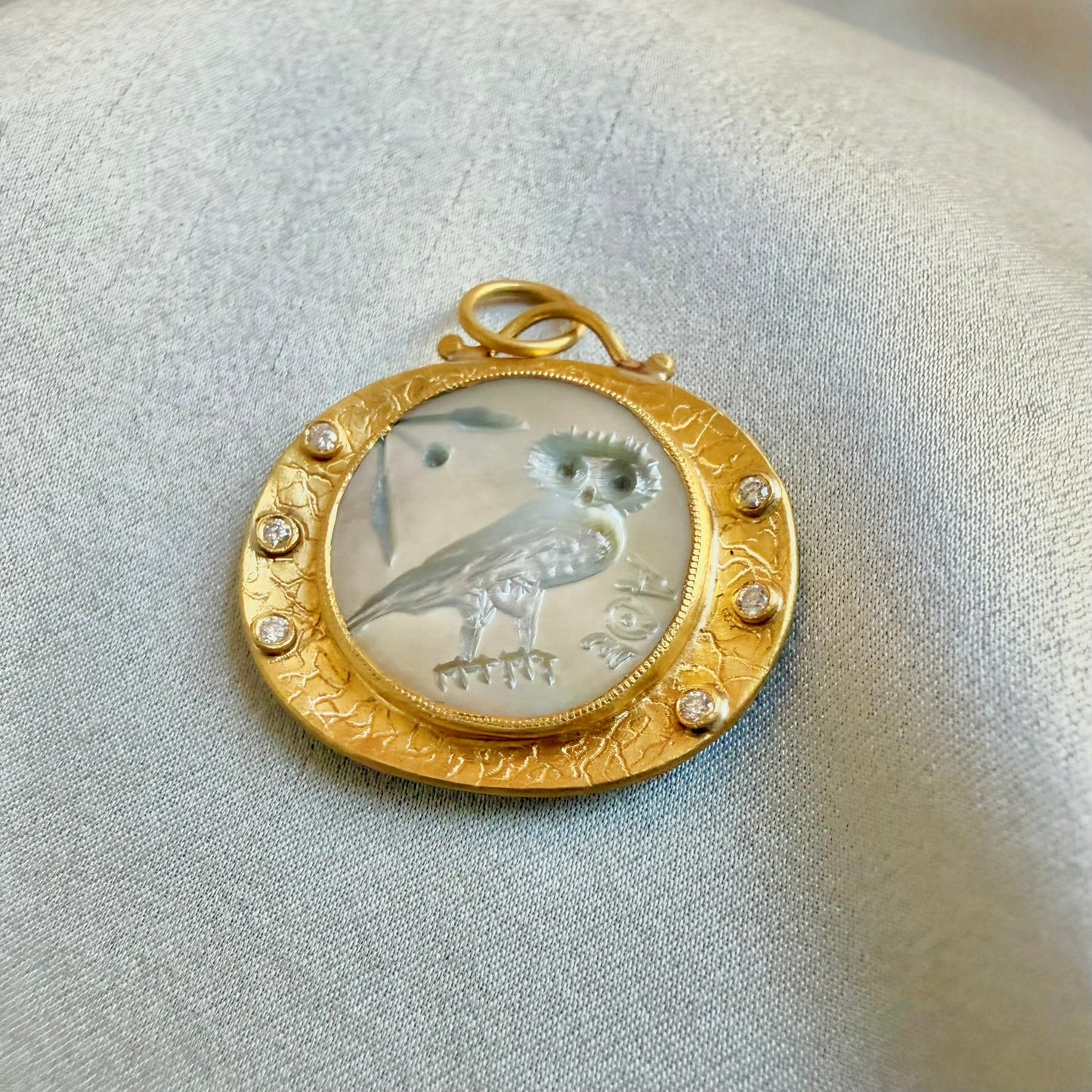 24K Mother of Pearl Pendant with Diamond and Silver Athenas Owl