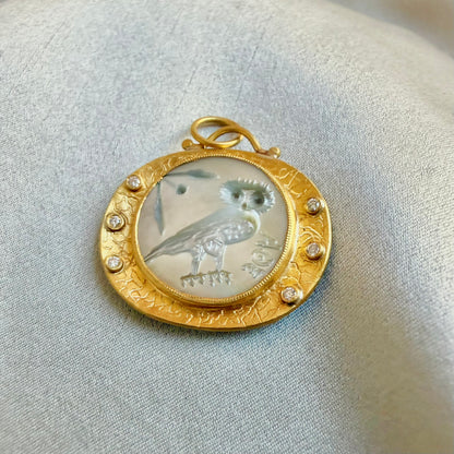 24K Mother of Pearl Pendant with Diamond and Silver Athenas Owl