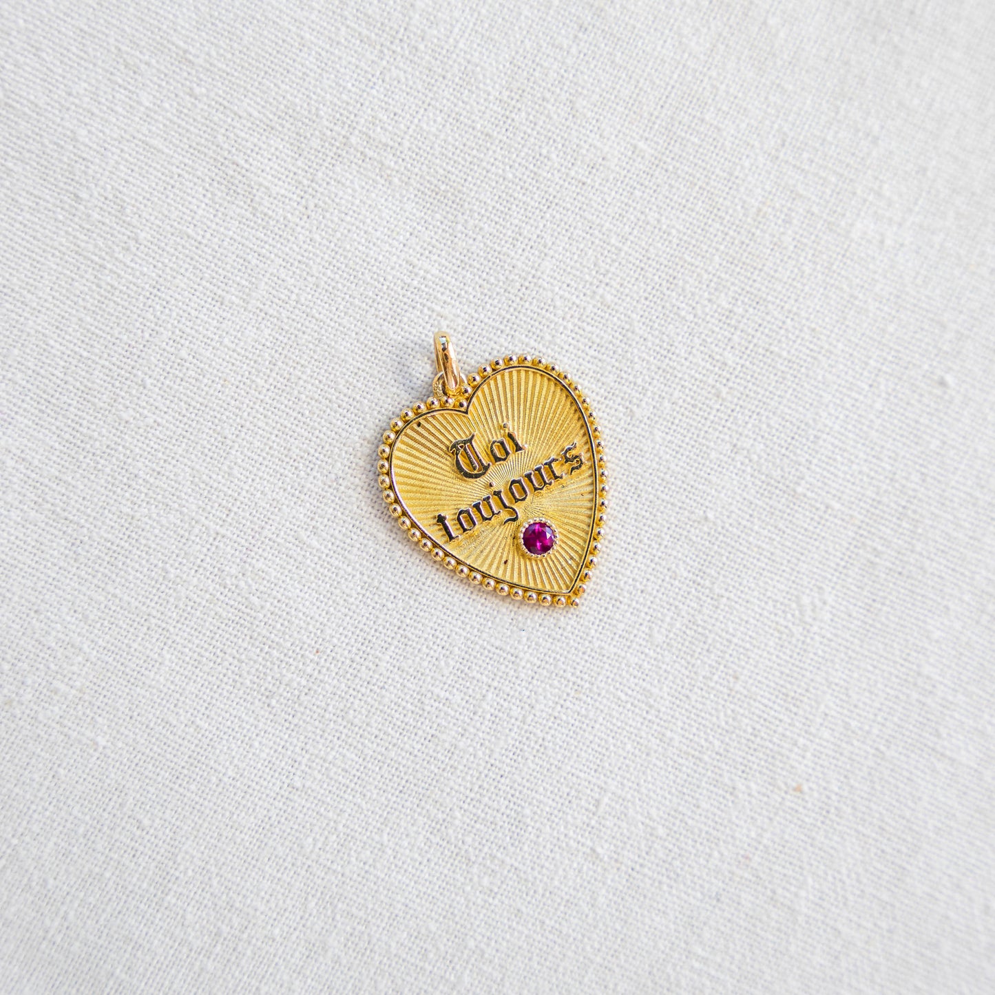 Rare 18k Vintage French Large Heart-Shaped Moi + Toi Toujours Pendant Charm with Ruby Accent