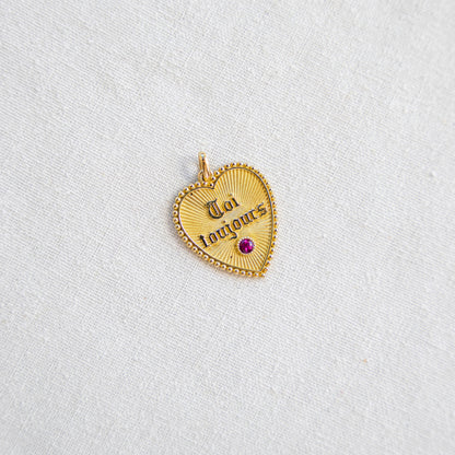 Rare 18k Vintage French Large Heart-Shaped Moi + Toi Toujours Pendant Charm with Ruby Accent