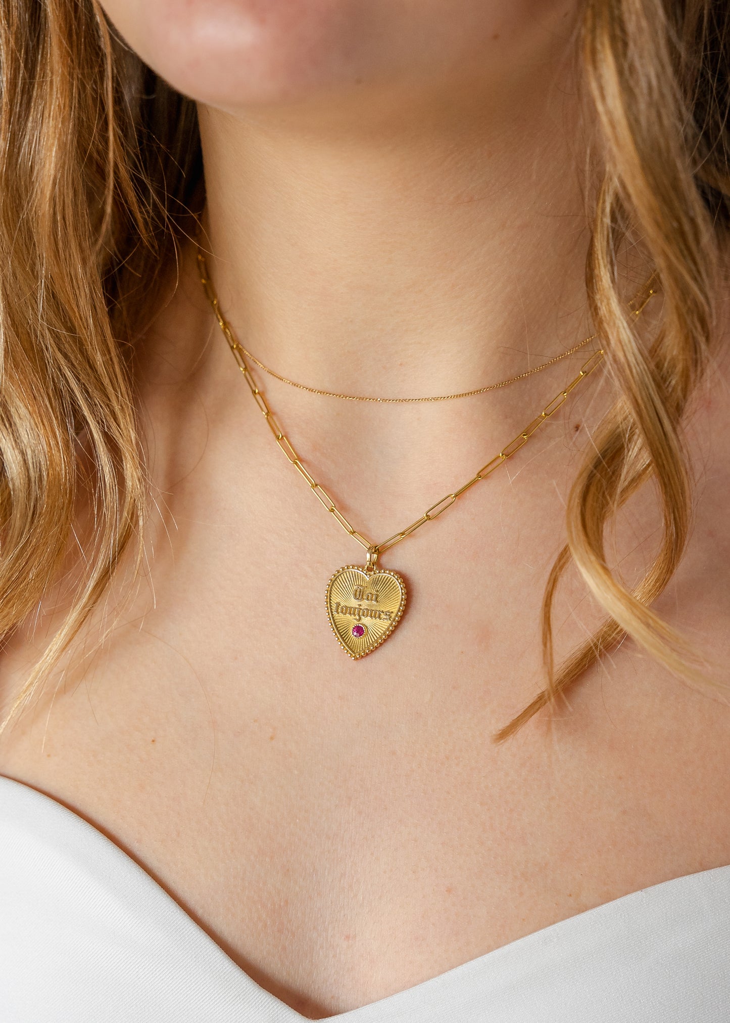 Rare 18k Vintage French Large Heart-Shaped Moi + Toi Toujours Pendant Charm with Ruby Accent