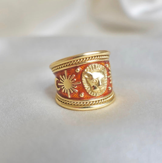 Elizabeth Gage Zodiac Enamel Ring in 18K Gold, Circa 1990s