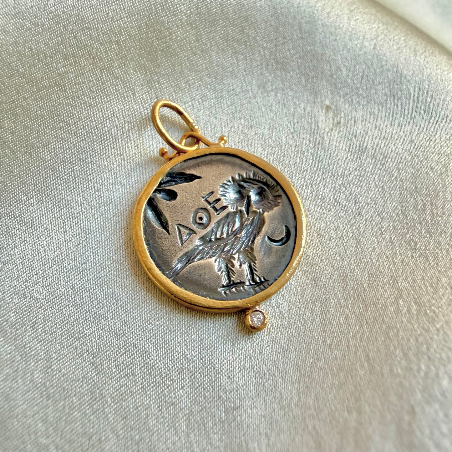 24K Athena Owl Pendant with Diamond and Silver
