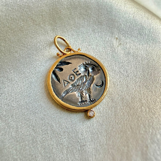 24K Athena Owl Pendant with Diamond and Silver