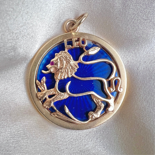 Vintage 14k Gold Leo Zodiac Pendant with Ruby Eyes & Blue Guilloché Enamel