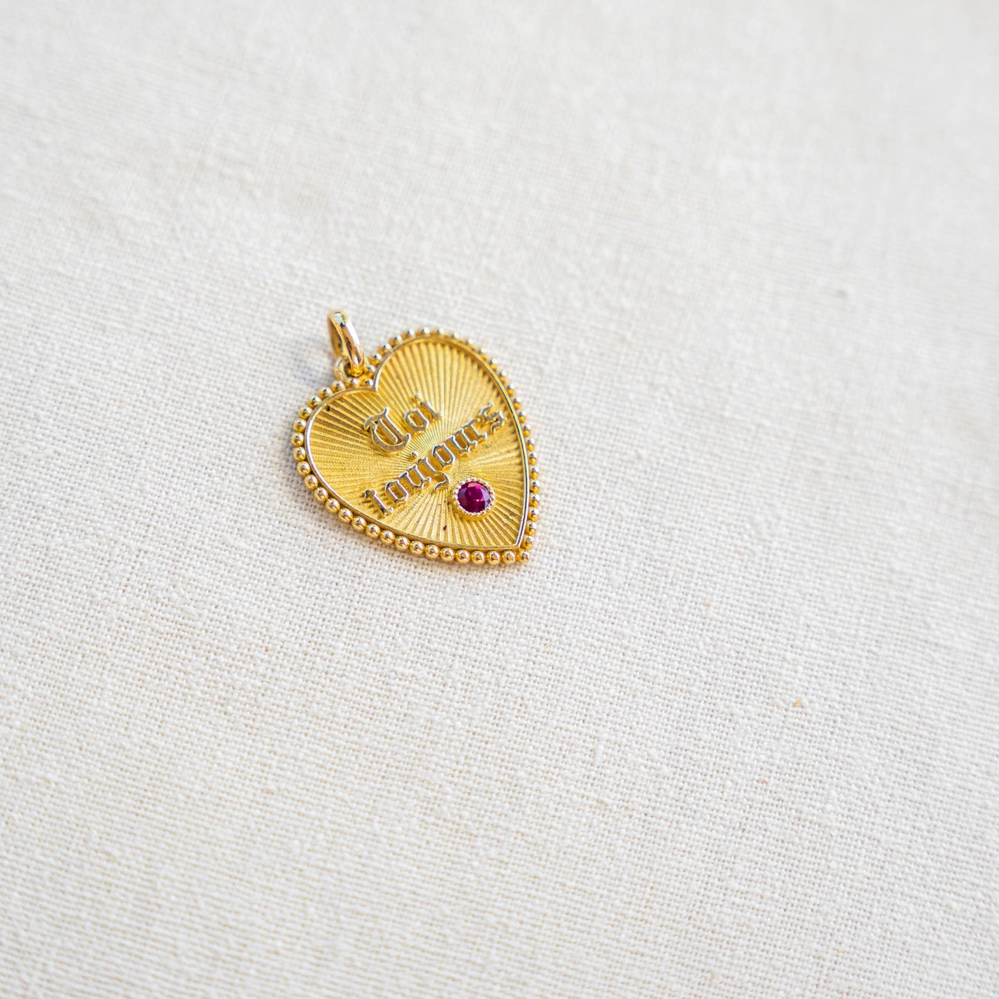 Rare 18k Vintage French Large Heart-Shaped Moi + Toi Toujours Pendant Charm with Ruby Accent