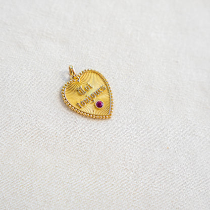 Rare 18k Vintage French Large Heart-Shaped Moi + Toi Toujours Pendant Charm with Ruby Accent