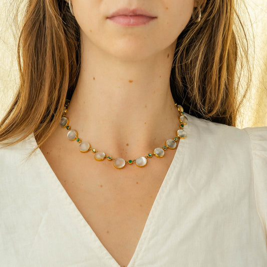 Antique 12k Moonstone, Tourmaline and Emerald Choker Necklace