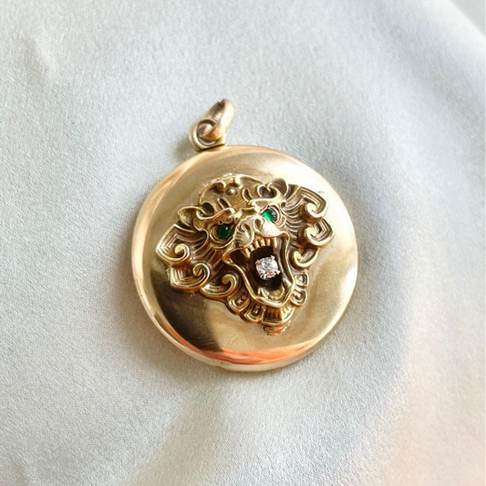 14k Edwardian Lion Locket with Old Mine Cut Diamond and Emerald Eyes