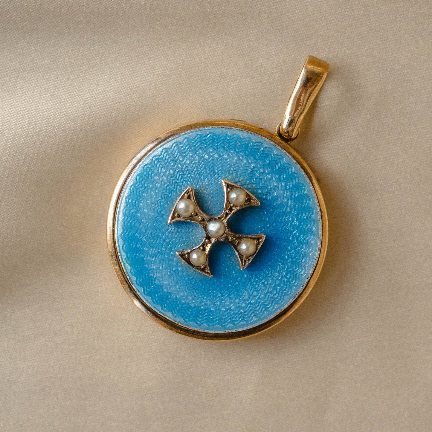 Antique 10k Light Blue Guilloché Enamel Locket With Seed Pearl Detail