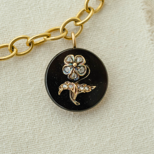 Victorian Black Onyx Pendant with Rose Cut Diamonds— Forget-Me-Not