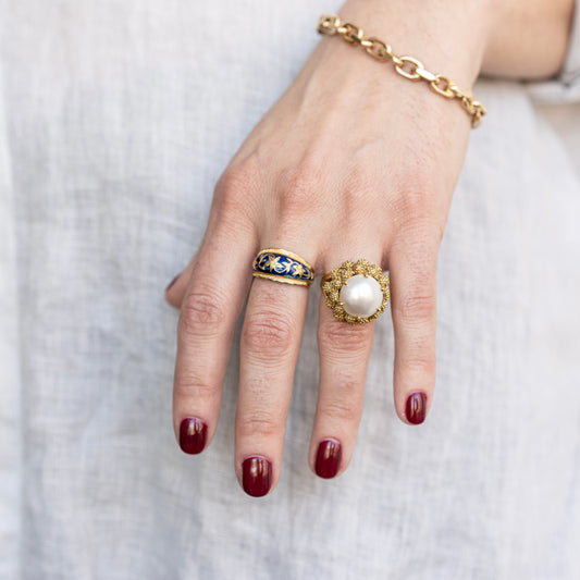 Floral 18k Gold Floral Blue Enamel Ring size 7.5