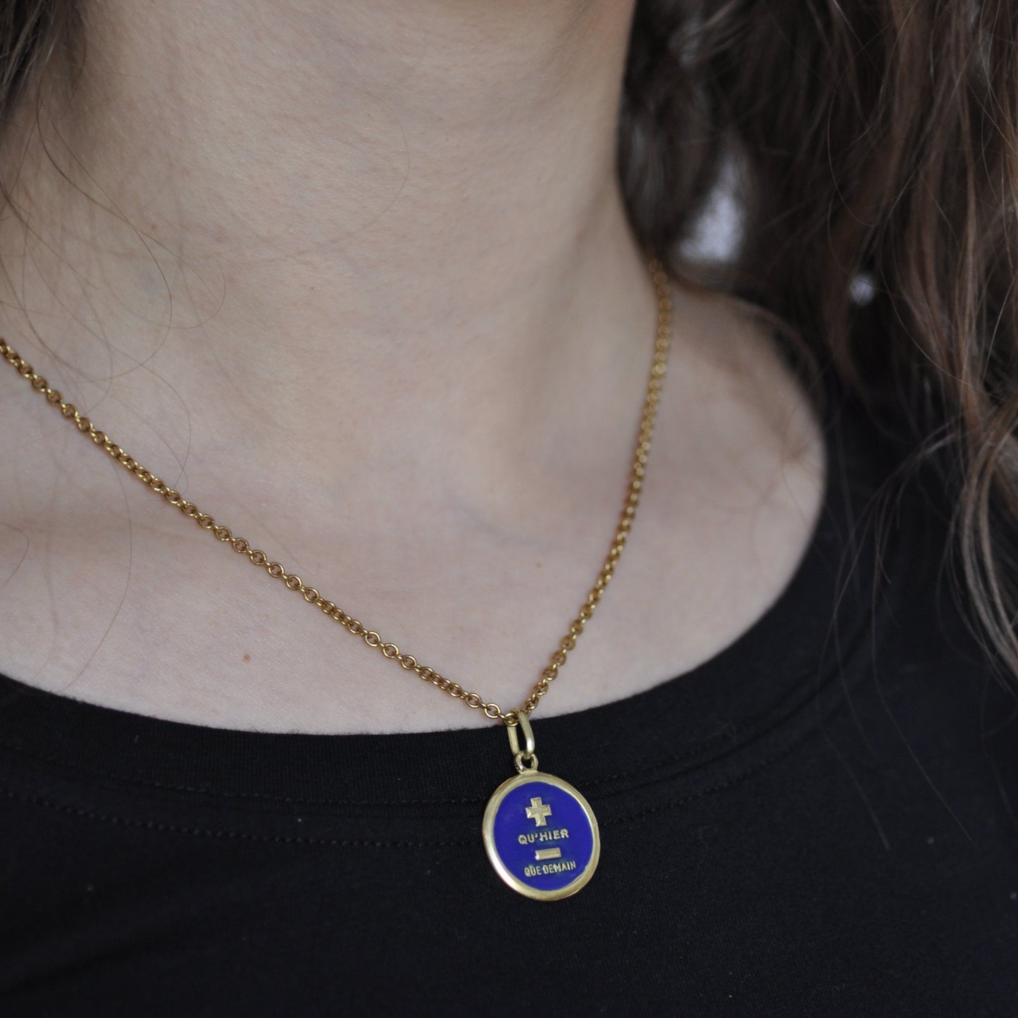 French Augis 18k Qu'Hier Pendant Blue Enamel