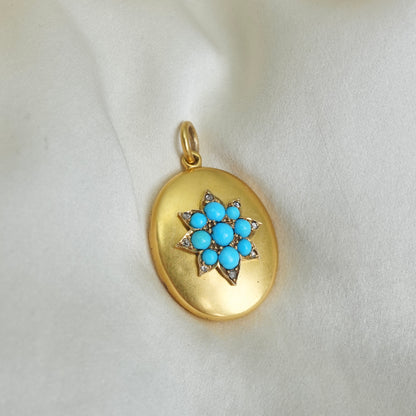 Forget-Me-Not  Victorian Turquoise & Diamond Locket in 15K Gold