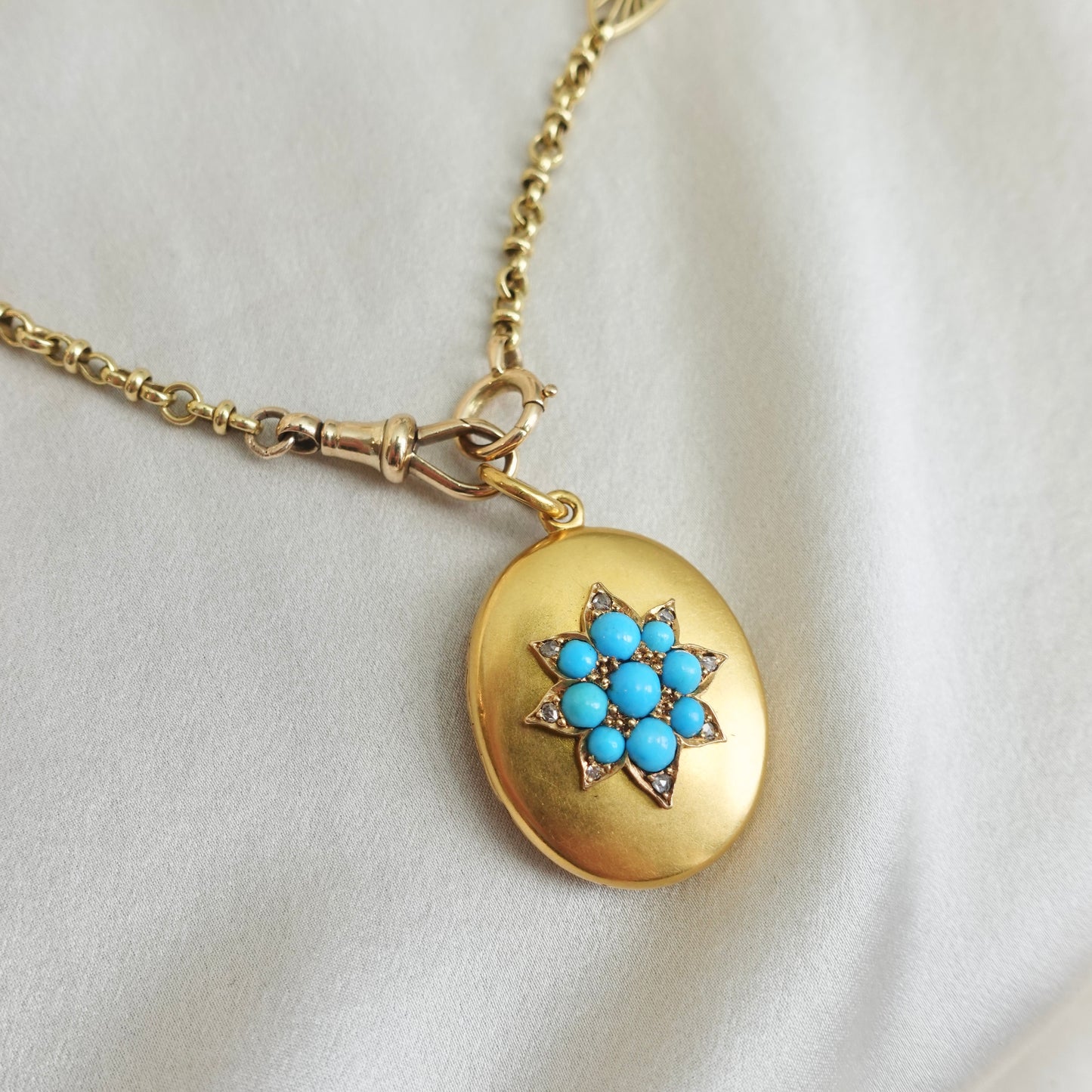 Forget-Me-Not  Victorian Turquoise & Diamond Locket in 15K Gold