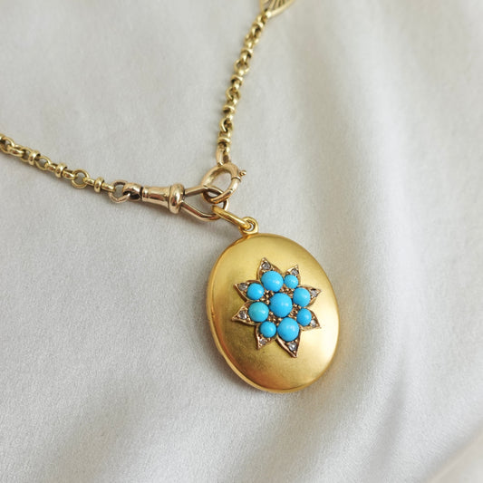 Forget-Me-Not  Victorian Turquoise & Diamond Locket in 15K Gold