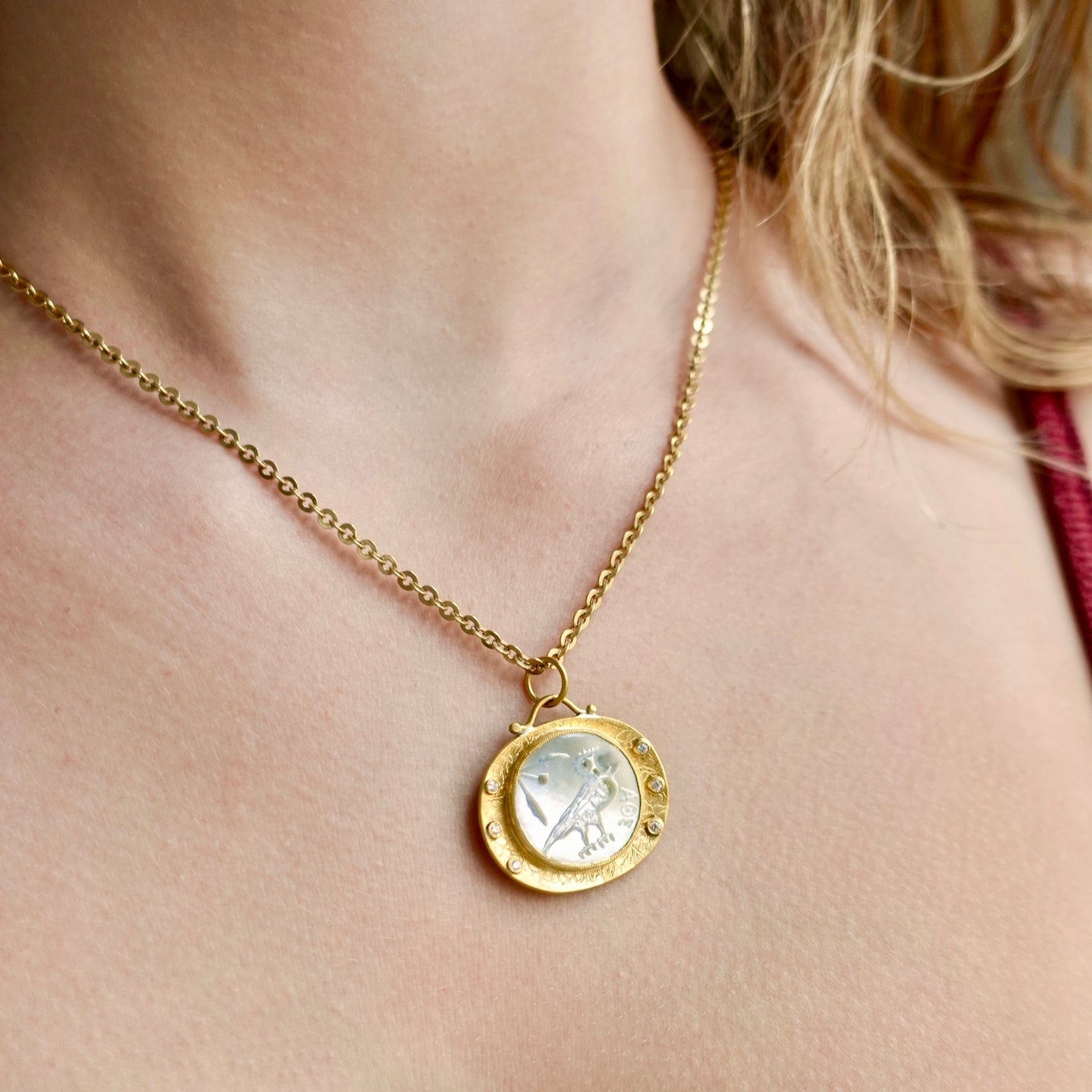 24K Mother of Pearl Pendant with Diamond and Silver Athenas Owl