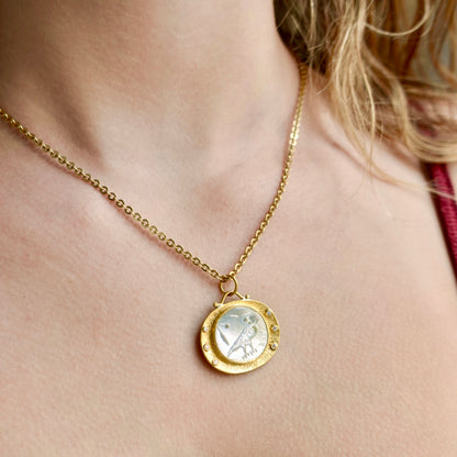 24K Mother of Pearl Pendant with Diamond and Silver Athenas Owl