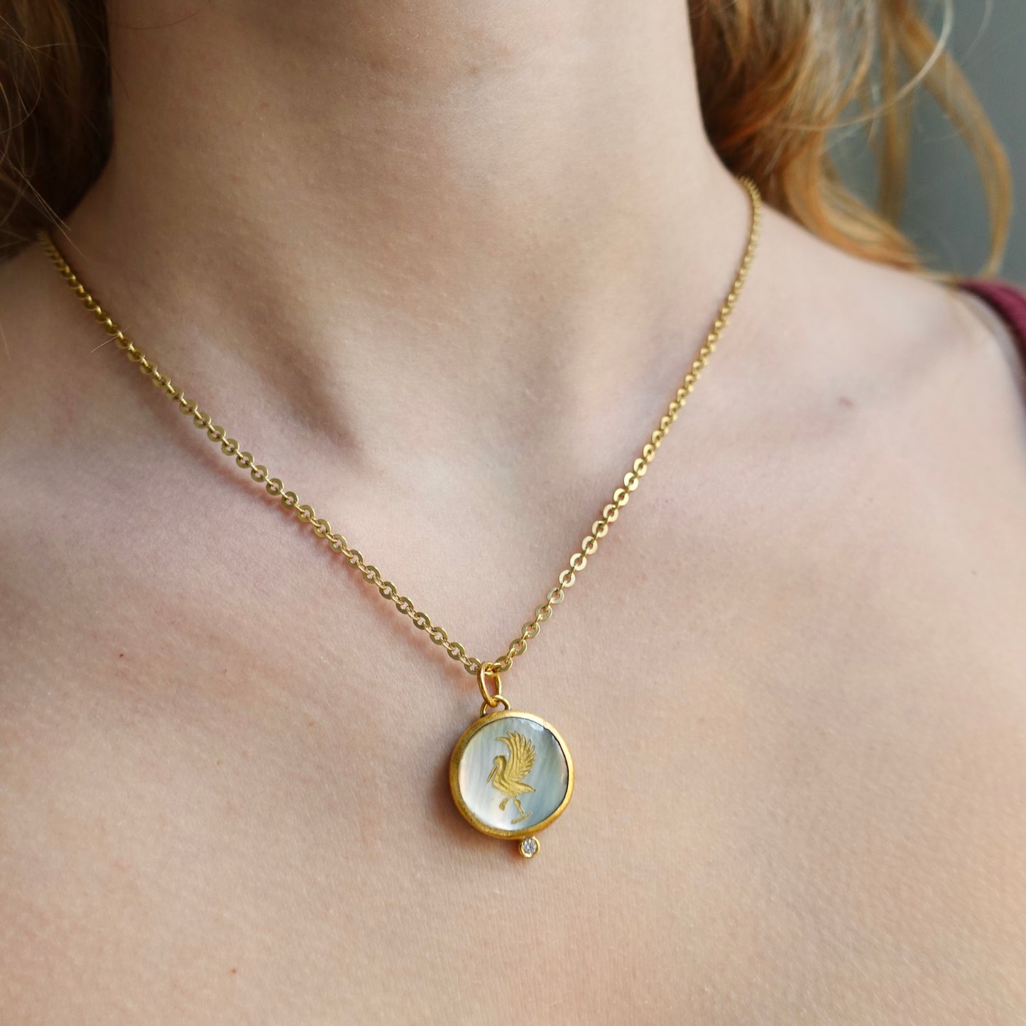 24K Mother of Pearl Intaglio Mythological Bird Pendant