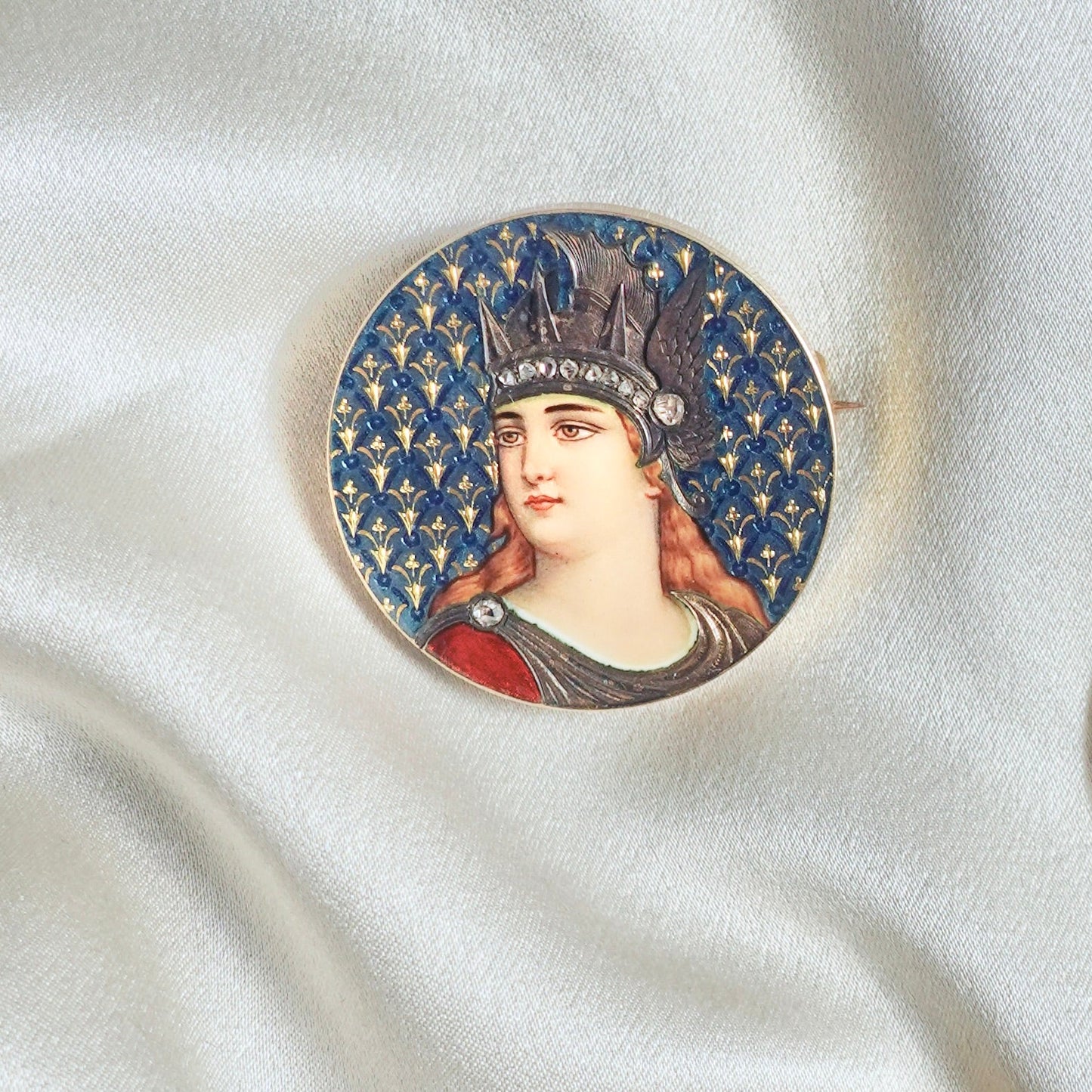 Antique French 18K Gold Enamel Athena Brooch