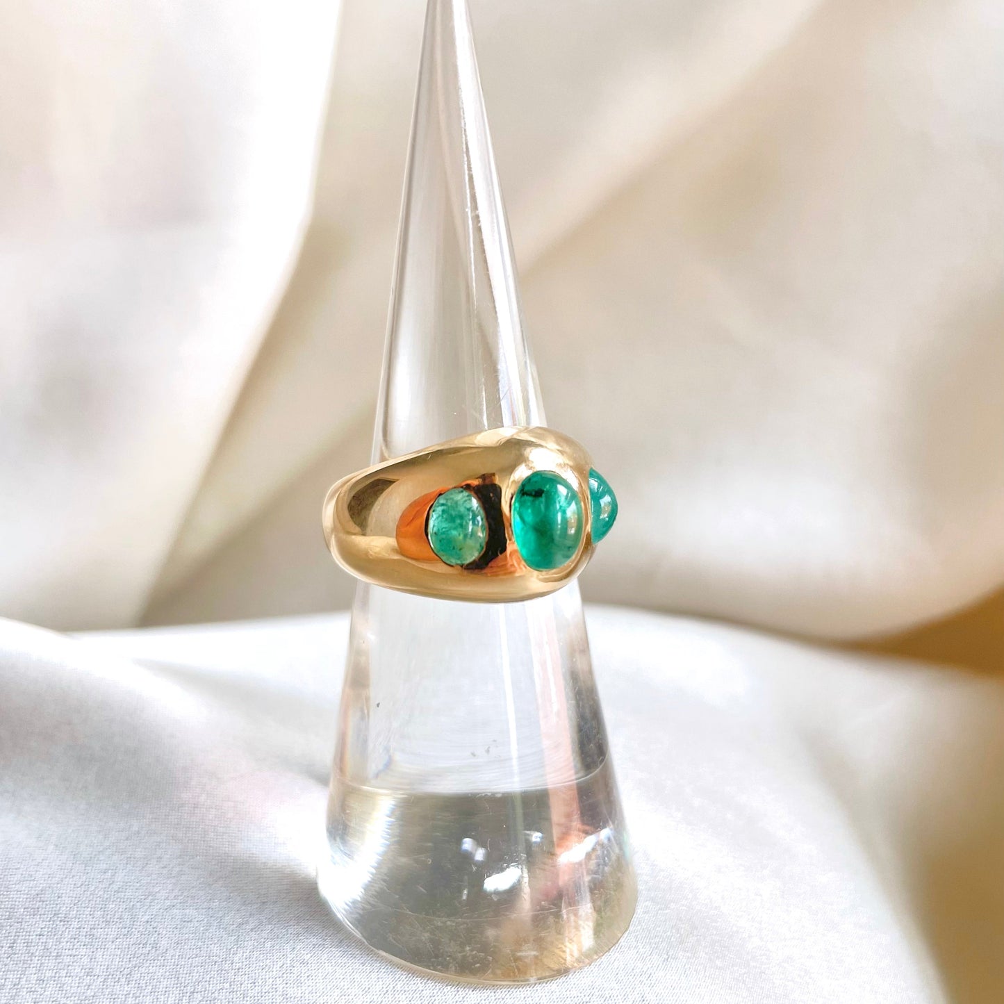 Swiss Designer 18K Emerald Cabochon 3 Stone