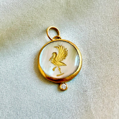 24K Mother of Pearl Intaglio Mythological Bird Pendant