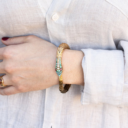Antique Victorian Snake Bracelet 18k Yellow Gold With Turquoise, Pearl and Garnet Detail