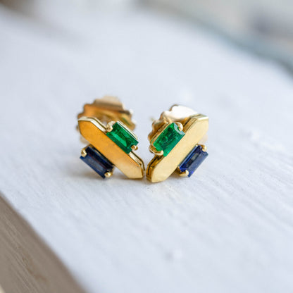 “Arrows” 18k Emerald + Sapphire Baguette Stud Earrings