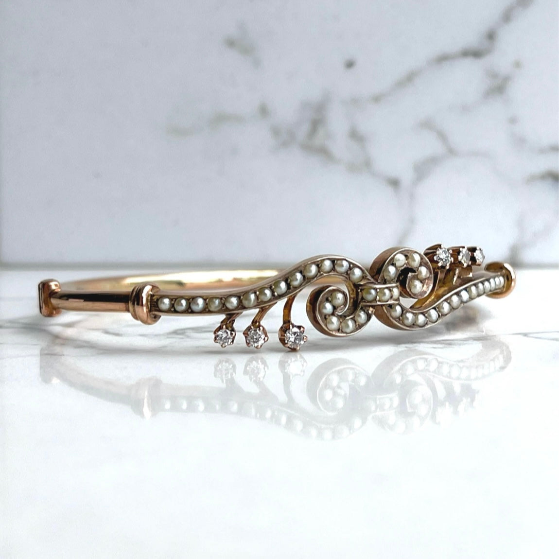 Antique 9k Gold Hinged Bangle Bracelet with Seed Pearls & Diamonds