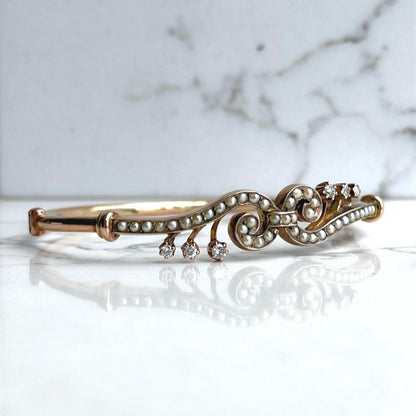 Antique 9k Gold Hinged Bangle Bracelet with Seed Pearls & Diamonds