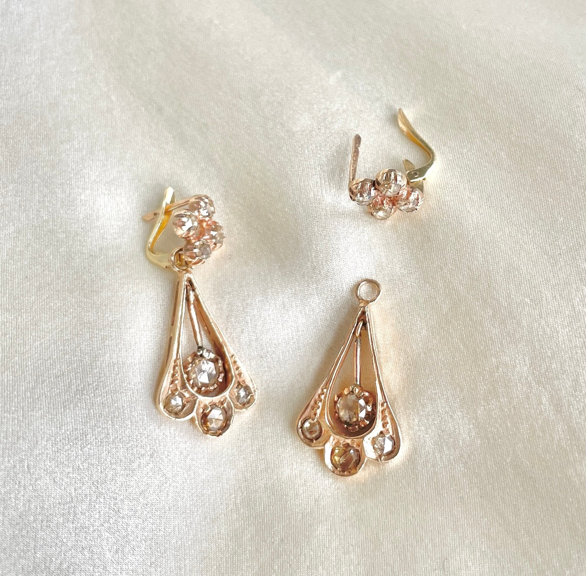 9K Rose Gold Natural Rose Cut Diamond Convertible Drop Earrings