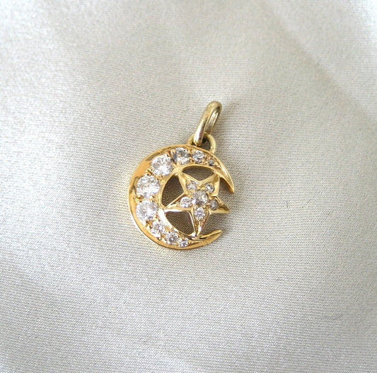 Diamond Crescent Moon & Star Pendant in Yellow Gold