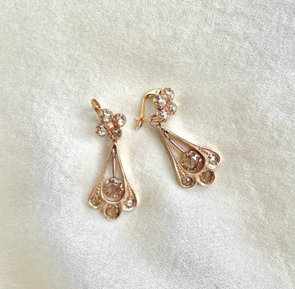9K Rose Gold Natural Rose Cut Diamond Convertible Drop Earrings