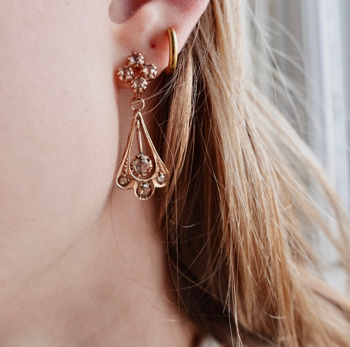 9K Rose Gold Natural Rose Cut Diamond Convertible Drop Earrings