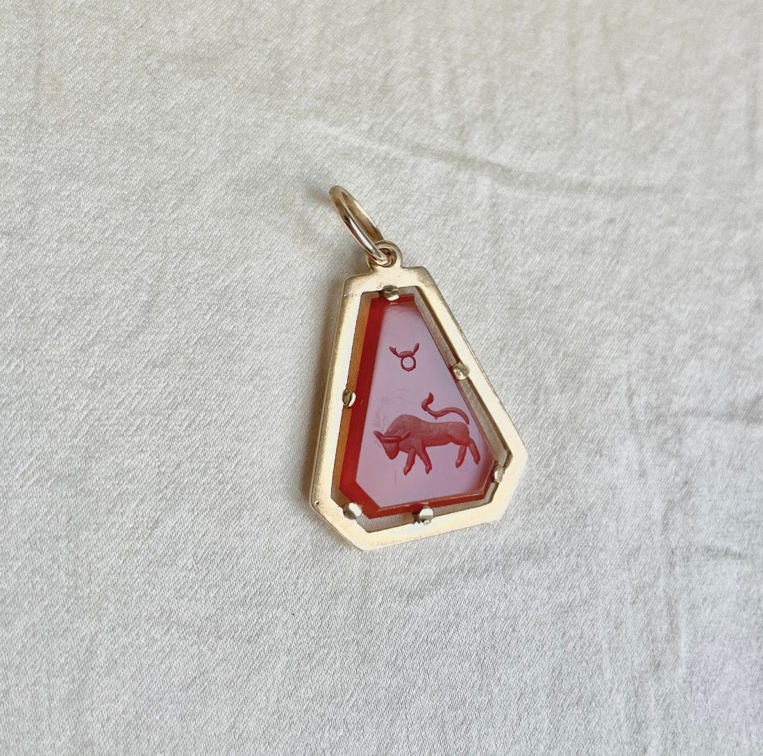Italian 18k Carnelian Intaglio Taurus Pendant