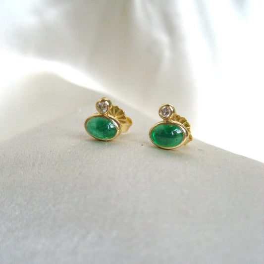 18k Oval Cabochon Emerald Studs with Diamond Accents