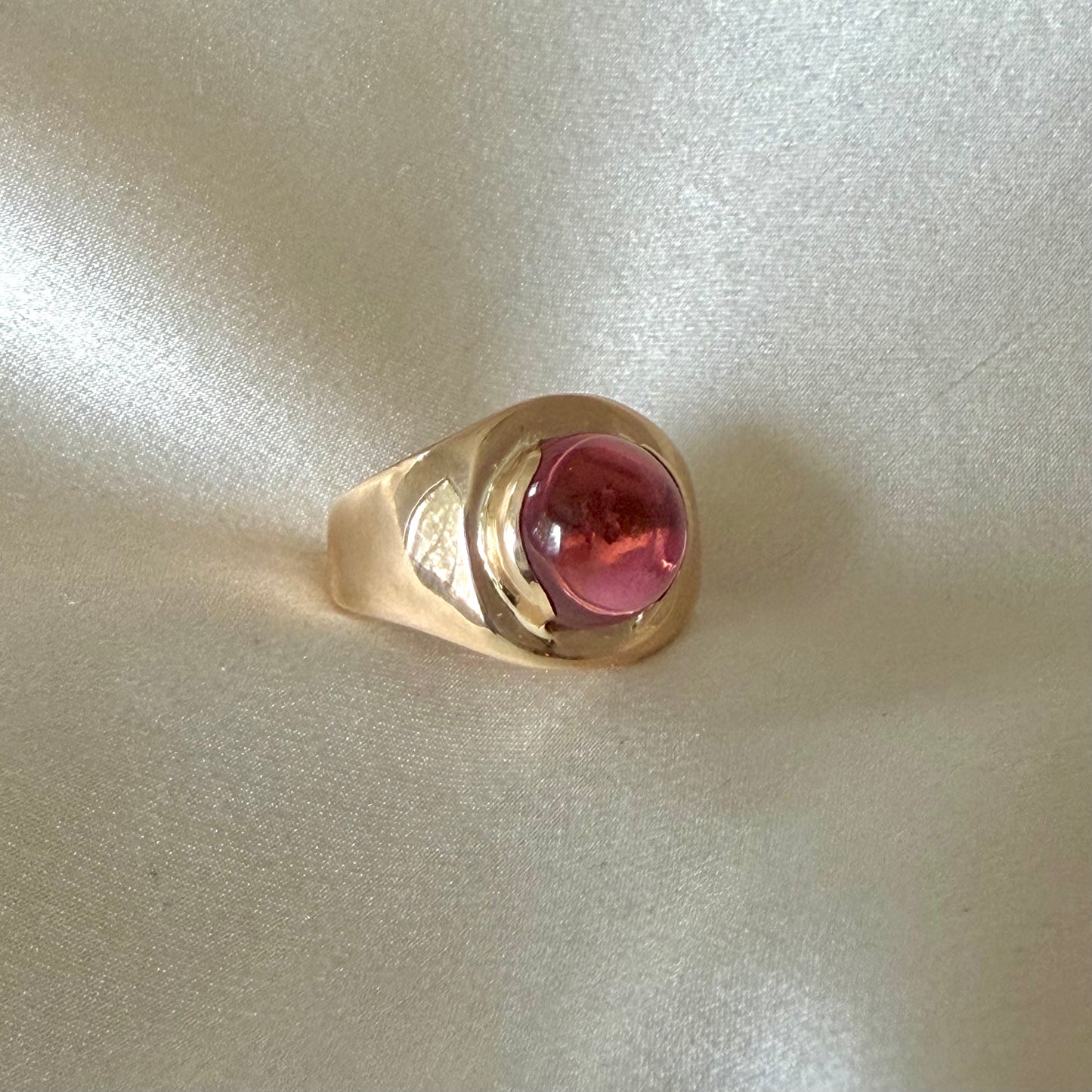 14K Yellow Gold Pink Tourmaline Cabochon Statement Ring