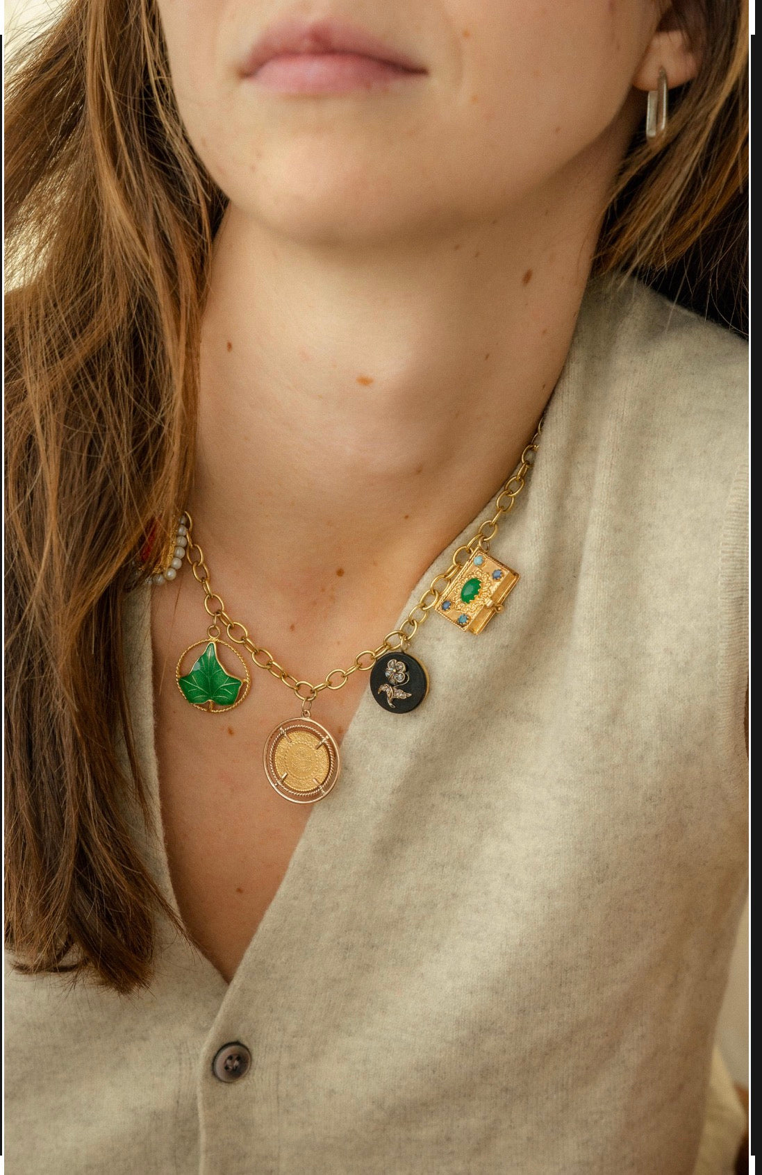 14k Book Locket, Container Charm with Chrysoprase, Chalcedony, Sapphire and Turquoise