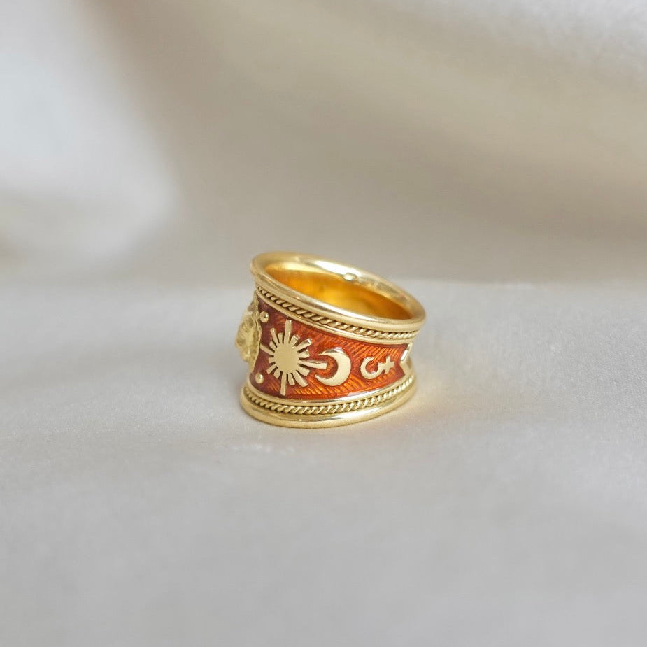 Elizabeth Gage Zodiac Enamel Ring in 18K Gold, Circa 1990s