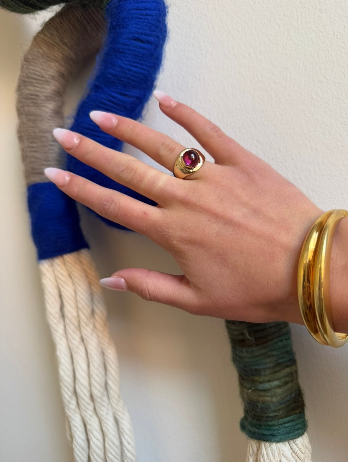 14K Yellow Gold Pink Tourmaline Cabochon Statement Ring