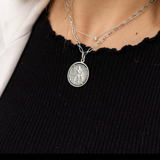Vintage Italian Silver Aquarius Zodiac Pendant with Roman Nike by Pietro Giampaoli