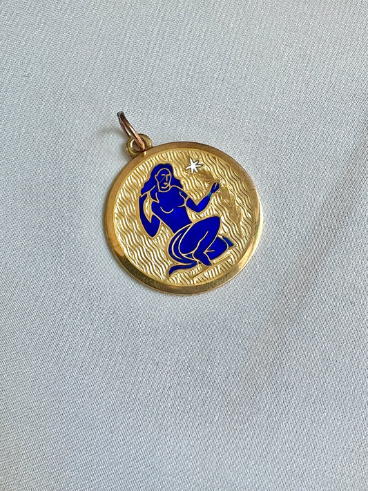 Heirloom Guilloche Enamel Virgo Zodiac Medallion Pendant in 18K Charm